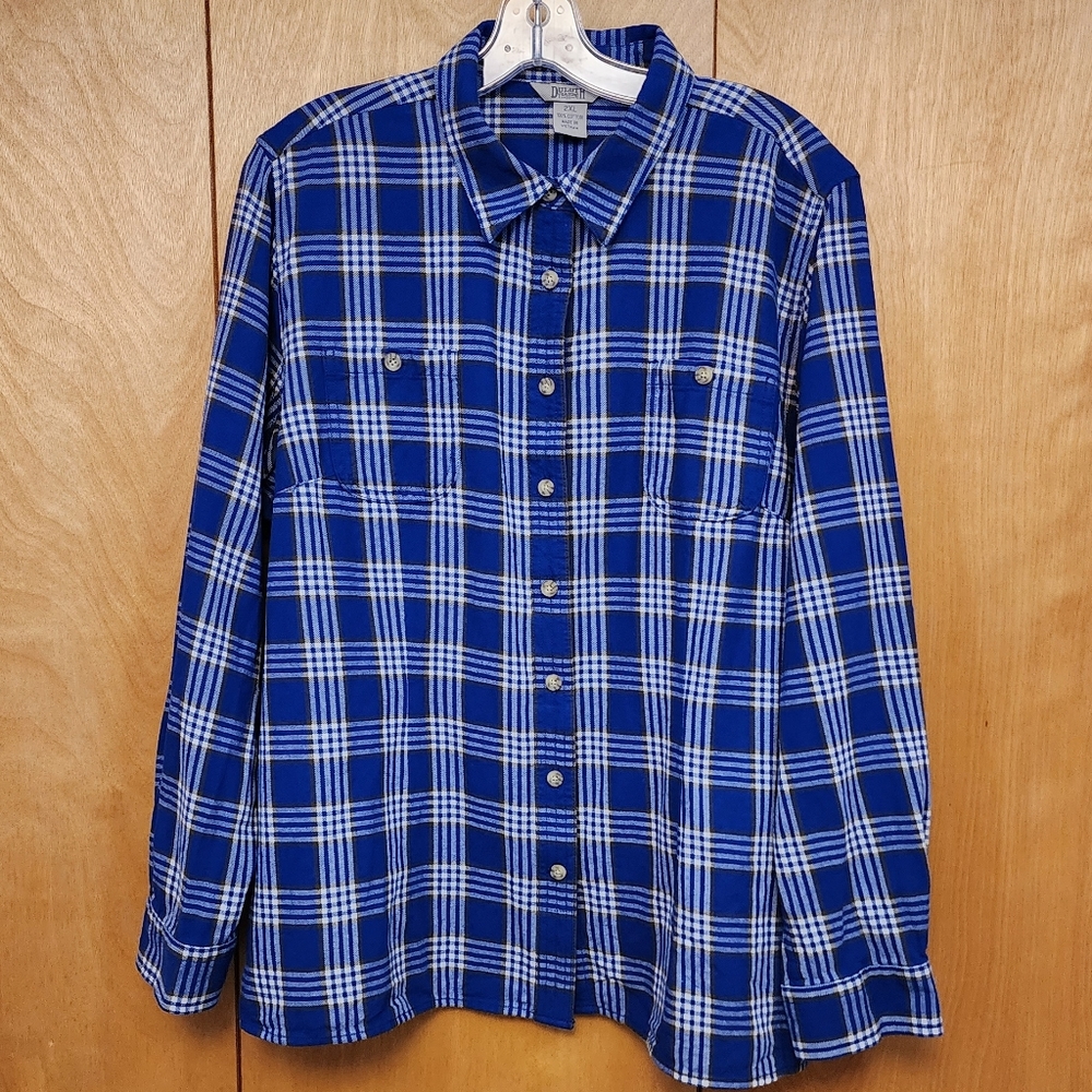 Duluth blue and white plaid button-up shirt